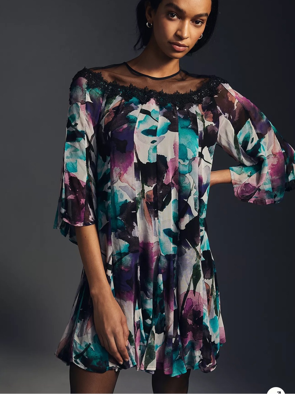 Anthropologie Watercolor Floral Swing dress— Teal, Purple & Black